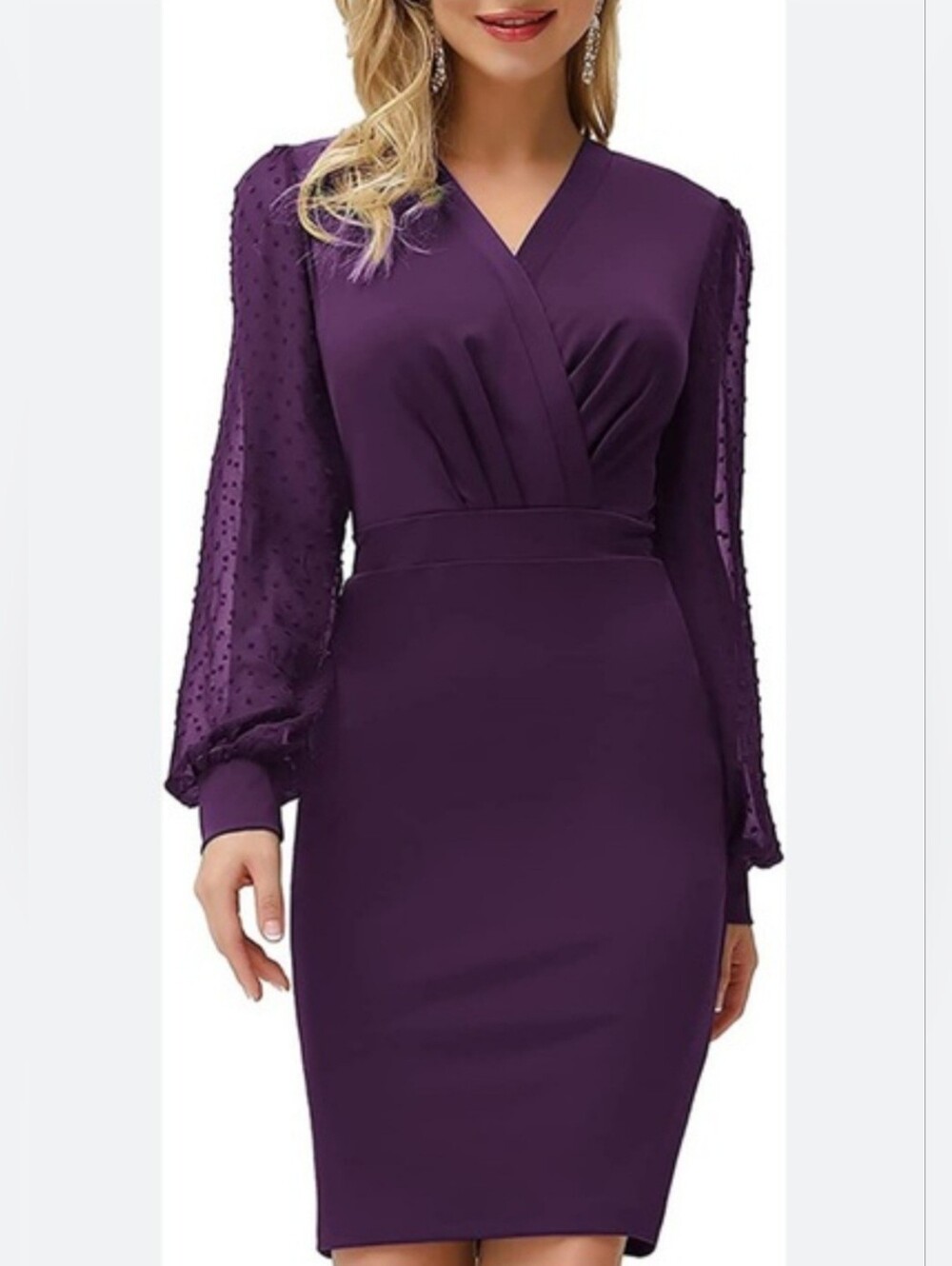NWT Women's Purple V-Neck Sheath Dress Size M with Swiss Dot Sleeves Business